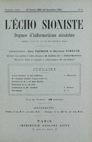 L'Echo Sioniste. Vol. 1 n° 2 (20 septembre 1899)